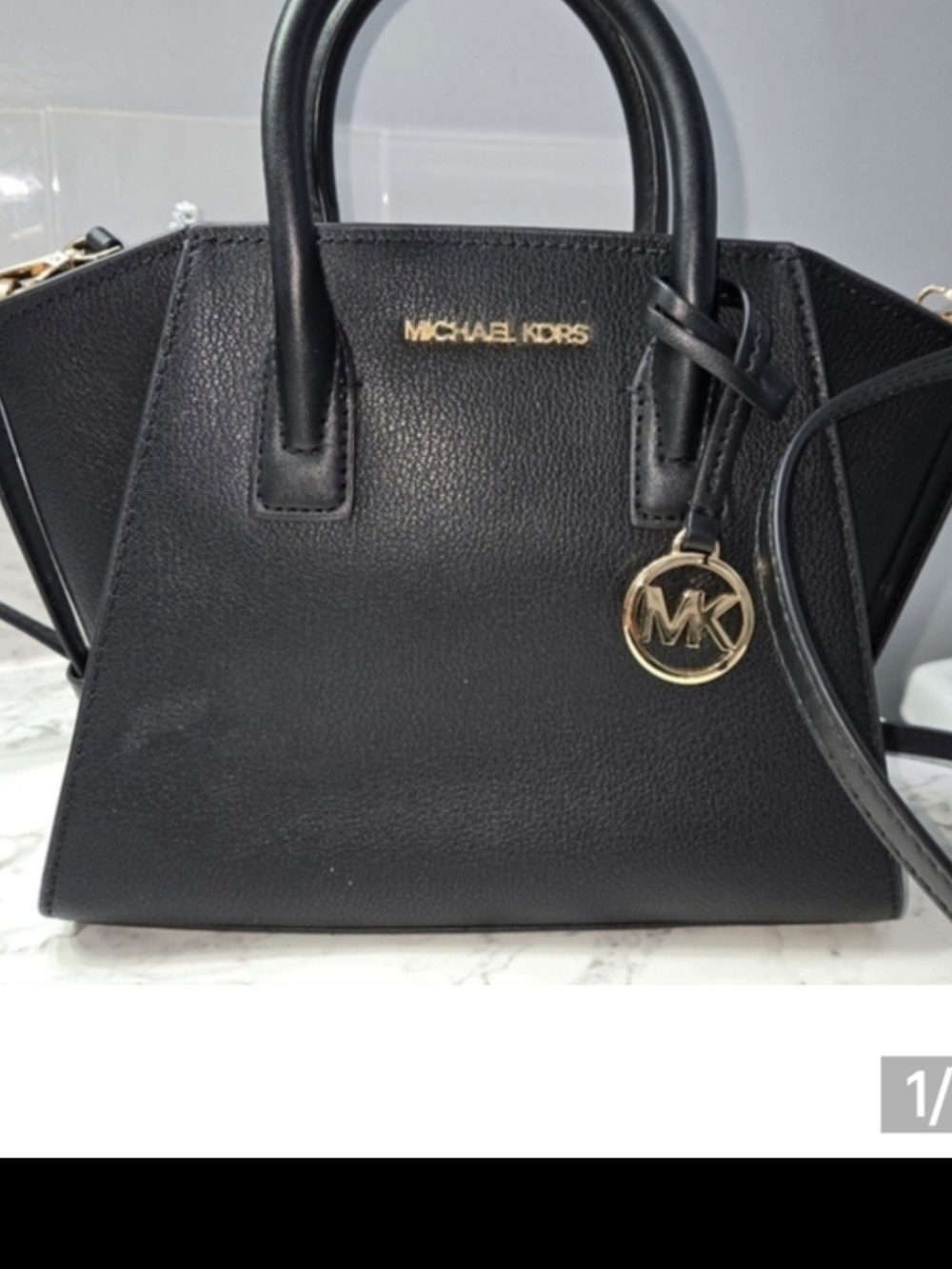 Michael Kors Black Leather Satchel with Gold MK Charm